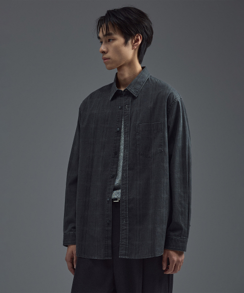 Digital Print Washed Check Shirts Charcoal Gray