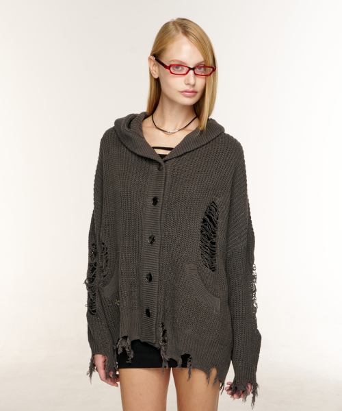 GRUNGE HOOD CARDIGAN (CHARCOAL)
