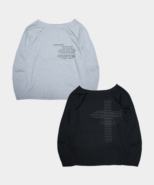 Lettering Print Beaded Cross Detail Boatneck Off-Shoulder Long Sleeve T Shirt_2COLOR