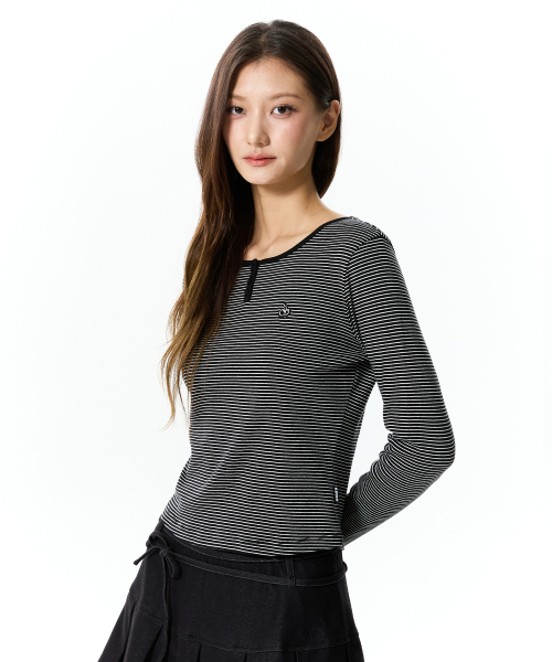 SMALL CHERRY HENLEY NECK STRIPE LONG SLEEVE(BLACK)