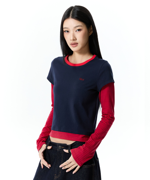 STRIPE LAYERED LONG SLEEVE(DARK NAVY)