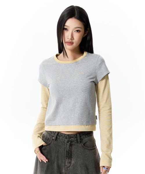 STRIPE LAYERED LONG SLEEVE(MELANGE GRAY)