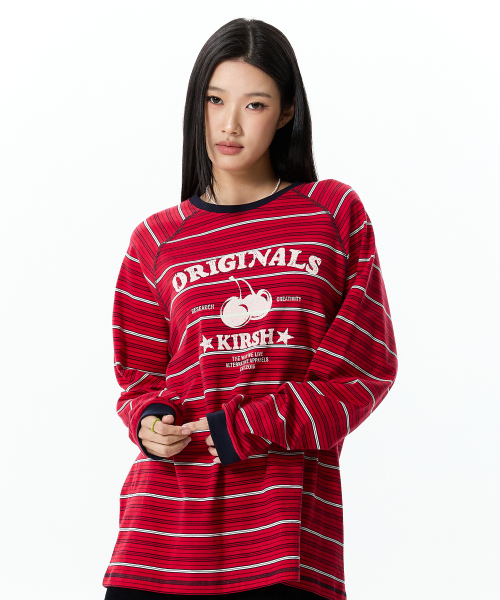 CHERRY GRAPHIC LOOSE-FIT STRIPE LONG SLEEVE(RED)