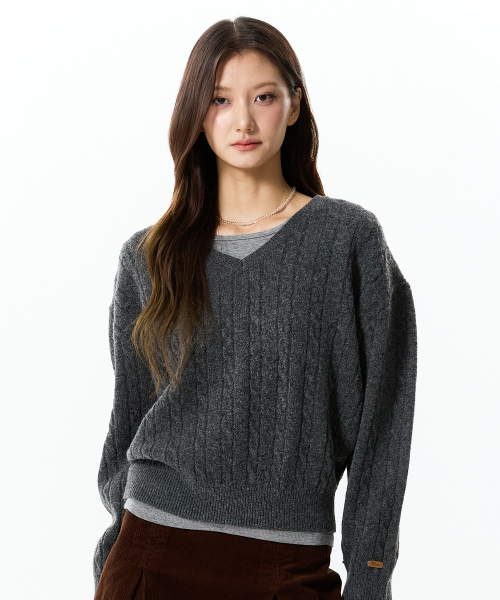 LABEL POINT V-NECK CABLE KNIT PULLOVER(MELANGE GRAY)