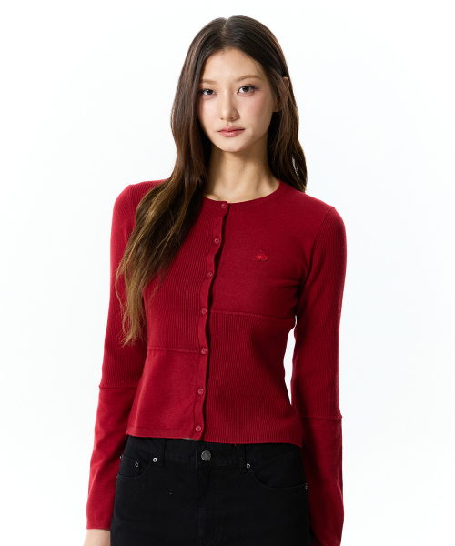 SMALL CHERRY COLOR-BLOCK CARDIGAN(RED)
