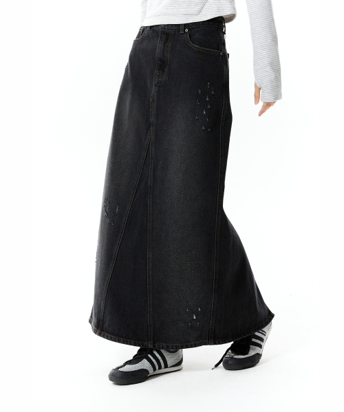 DAMAGE MAXI DENIM SKIRT(BLACK)