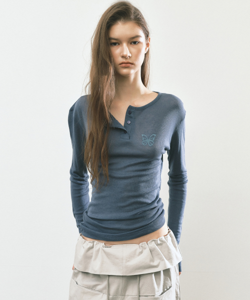 BUTTERFLY HENLEYNECK SLEEVE TOP_DUSTY BLUE
