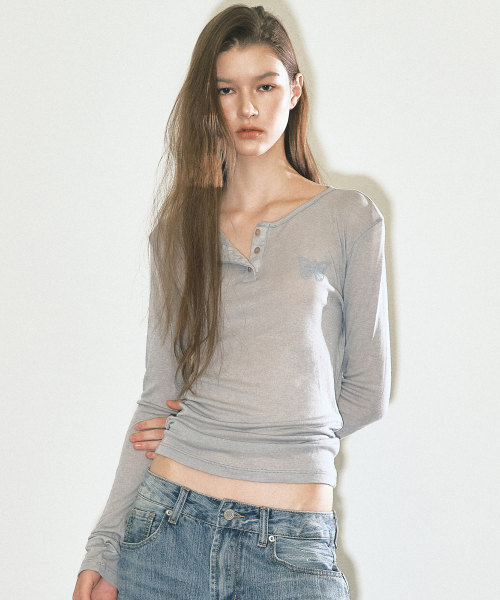 BUTTERFLY HENLEYNECK SLEEVE TOP_GRAY