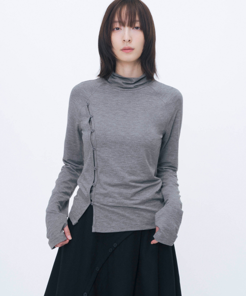 Mock neck side button long sleeve GREY
