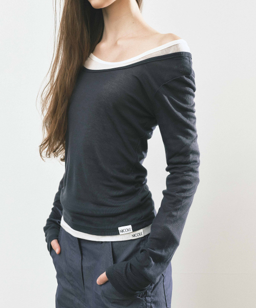 LAYERED BOAT NECK TOP_CHARCOAL