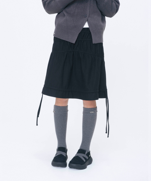 Wavy line shirring midi skirt BLACK