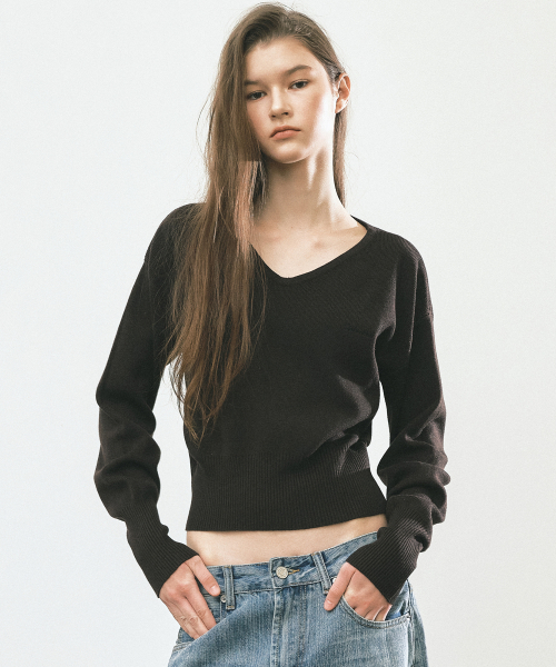 V NECK RIB KNIT TOP_BROWN