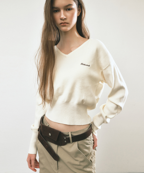 V NECK RIB KNIT TOP_CREAM