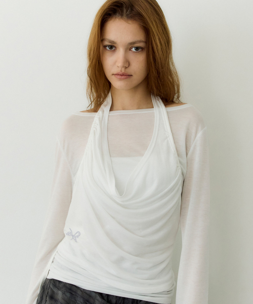 Halter Layered Ruched Tee (WHITE)
