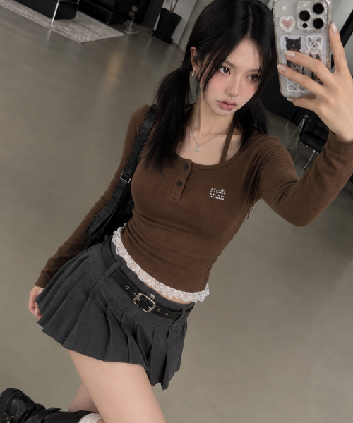 LACE CONTRAST HALTERNECK T-SHIRT [BROWN]