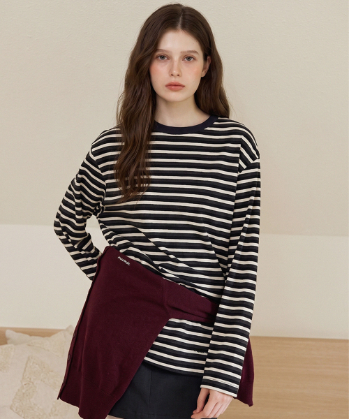 FOLI Double Brushed Fleece Loose Fit Multi-Stripe Long Sleeve T Shirt