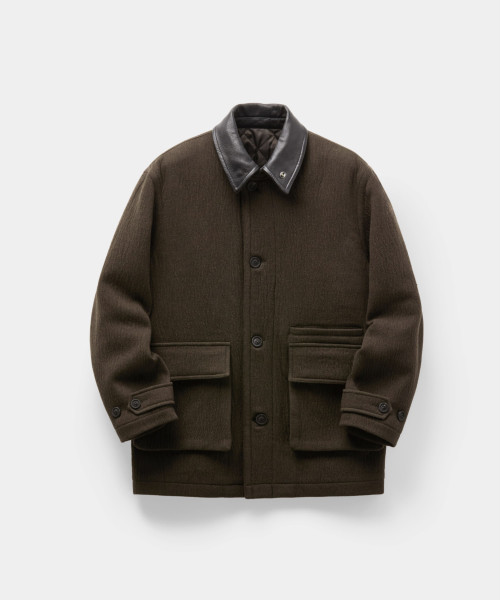 Trimmed Leather Patchwork Coat (Dark Green)