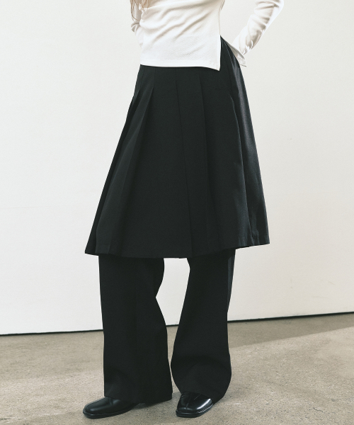 PLEATED LAYERED SKIRT PANTS_BLACK
