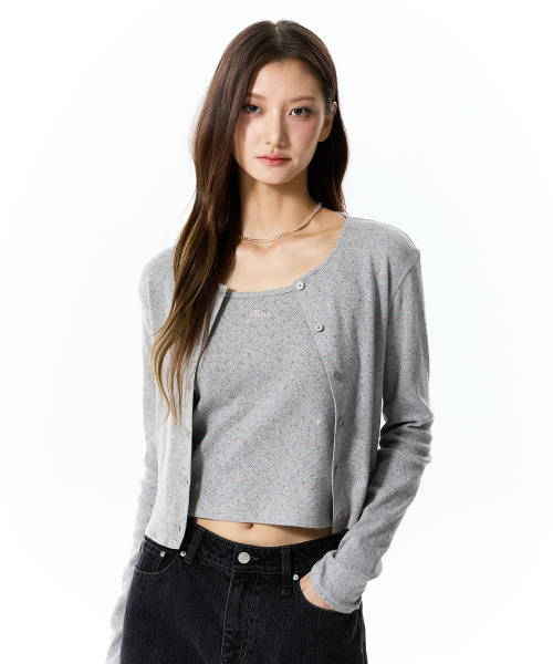 POINTELLE CARDIGAN & SLEEVELESS SET(MELANGE GRAY)