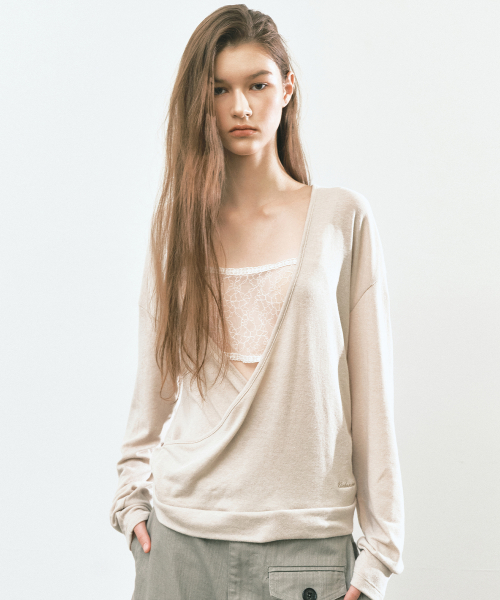 DEEP WRAP V-NECK LONG SLEEVE TOP_BEIGE