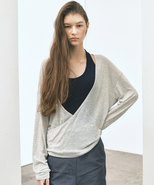 DEEP WRAP V-NECK LONG SLEEVE TOP_MELANGE