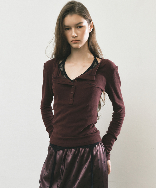 BUTTON HENLEY LONG SLEEVE TOP_WINE