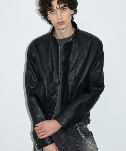 Crow High Neck Leather Jacket BLACK