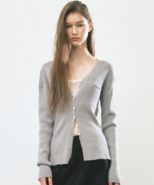 RIBBED V NECK CARDIGAN_GRAY