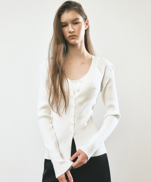 RIBBED V NECK CARDIGAN_IVORY