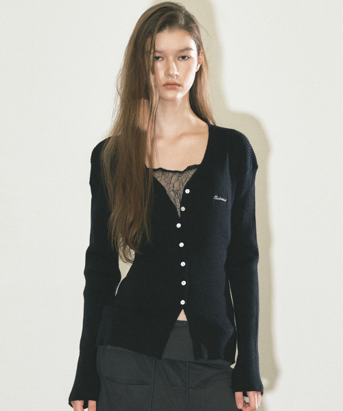 RIBBED V NECK CARDIGAN_BLACK