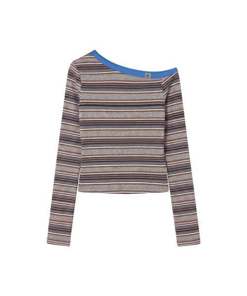 로잘리 오픈 숄더 스트라이프 티_블루 Rosalie Open Shoulder Stripe Tee_Blue