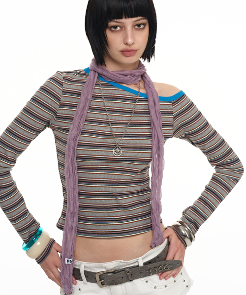 로잘리 오픈 숄더 스트라이프 티_블루 Rosalie Open Shoulder Stripe Tee_Blue