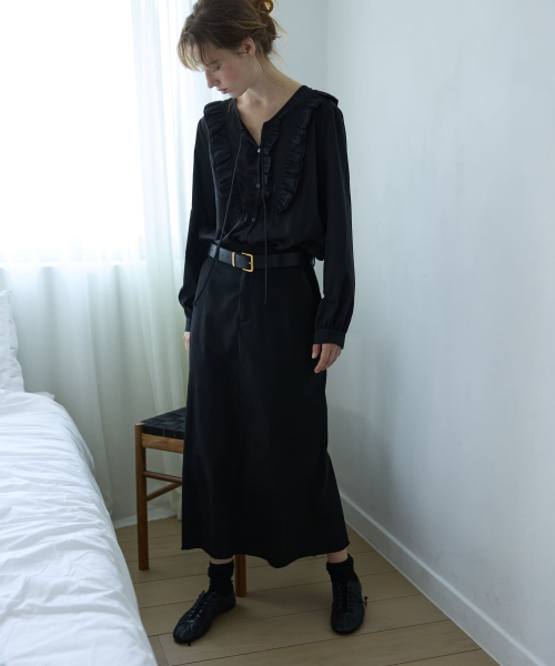 Belted H-Line Long Skirt Black