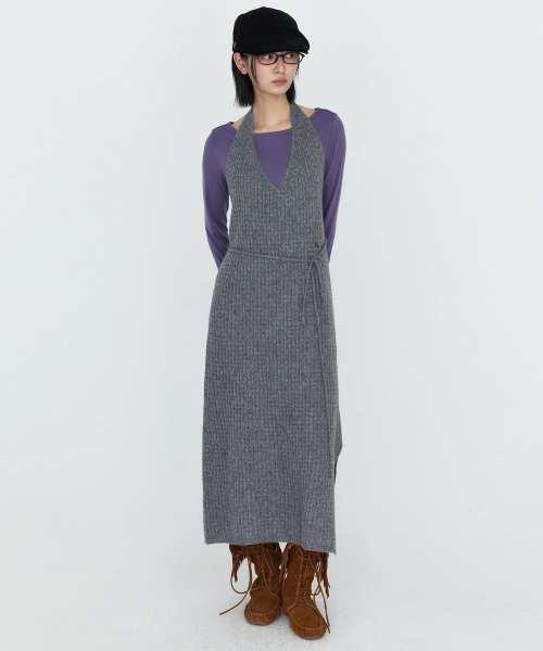 Halter-neck Layered Knit One Piece Gray MDOP060GRAY