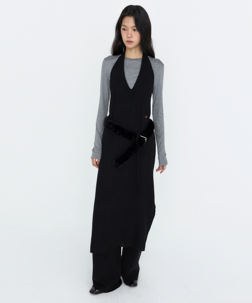 Halter-neck Layered Knit One-Piece Black MDOP060BLACK