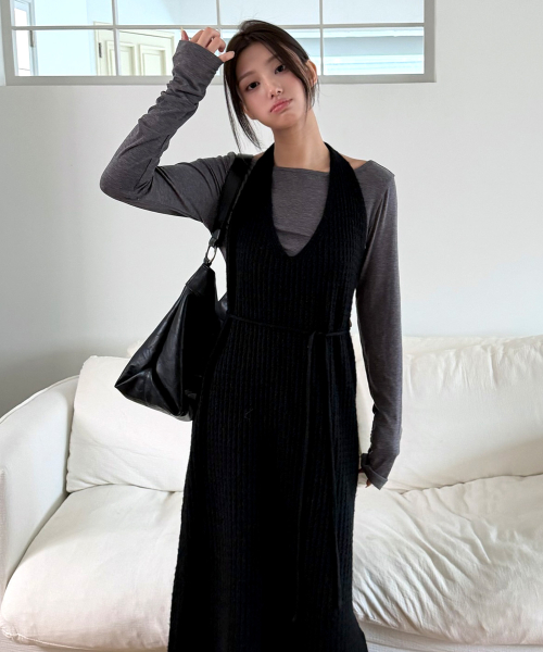 Halter-neck Layered Knit One-Piece Black MDOP060BLACK