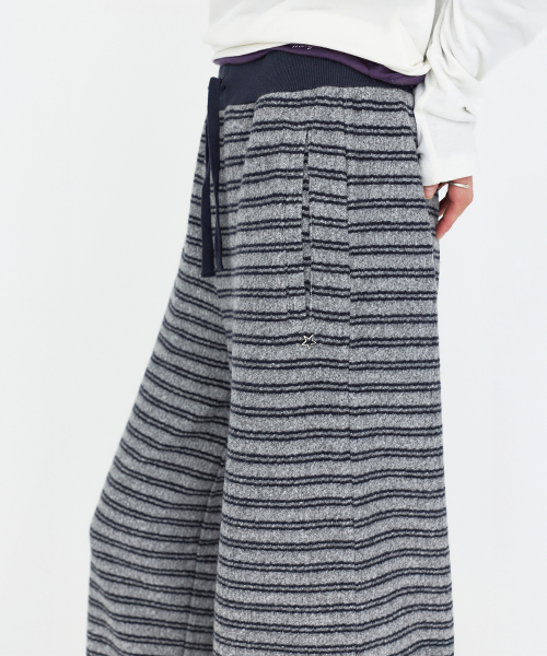 Striped Elastic-Waist Knit Pants Gray MDPT091GRAY