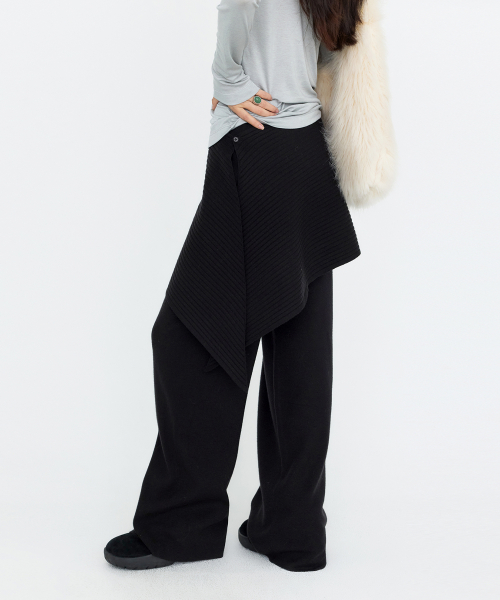 [SET] Wrap Skirts Layered Knit Pants Black MDPT084BLACK