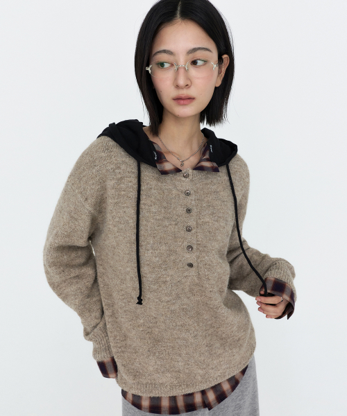 Henley Neck Oversized Knit Top Beige MDKT132BEIGE