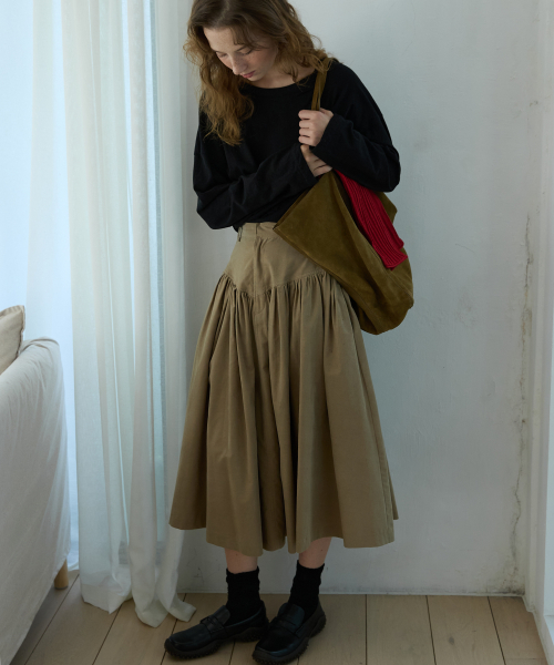 Godet Flare Long Skirt Khaki