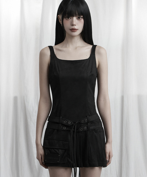 Cargo Belt Pocket Pleated Mini One-Piece (Black)