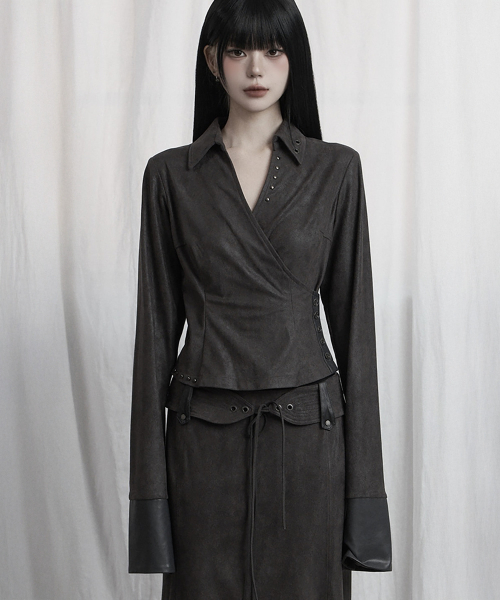 Drape Suede Shirring Blouse (Charcoal)