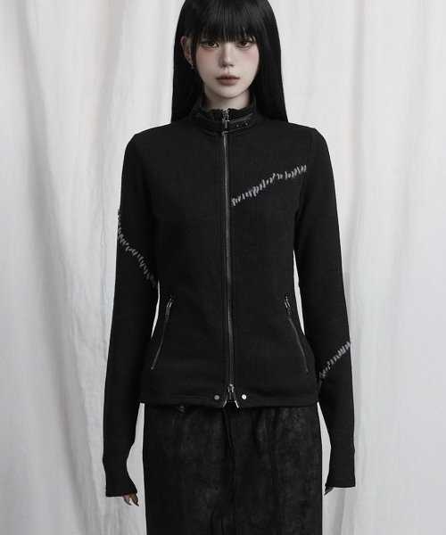 Contrast Stitch Zip-Up Long Sleeve (Black)