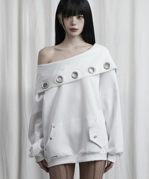 Off Shoulder Hood Layer Sweatshirt (White)