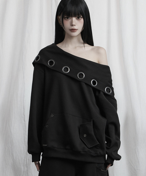Off Shoulder Hood Layer Sweatshirt (Black)