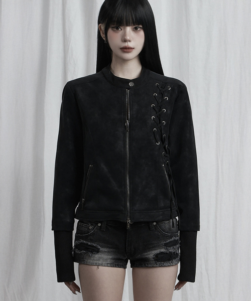 Eyelet Point Cropped Leather Jacket (Black)