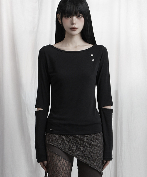 Back Lace Slit Sleeve top (Black)