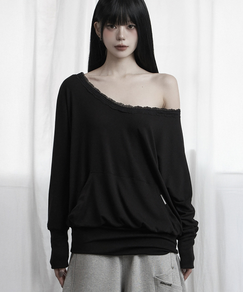 Lace Drape Off-Shoulder Top (Black)