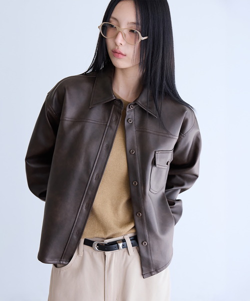 Faux Leather Shirt Jacket, BROWN