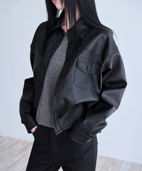 Faux Leather Shirt Jacket, BLACK
